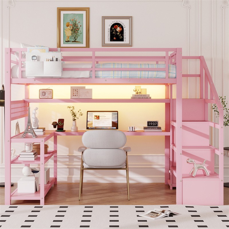 Full Size Metal Loft Bed w/Wardrobe,L-Shaped Desk,Shelves,LED Lights & USB,Pink