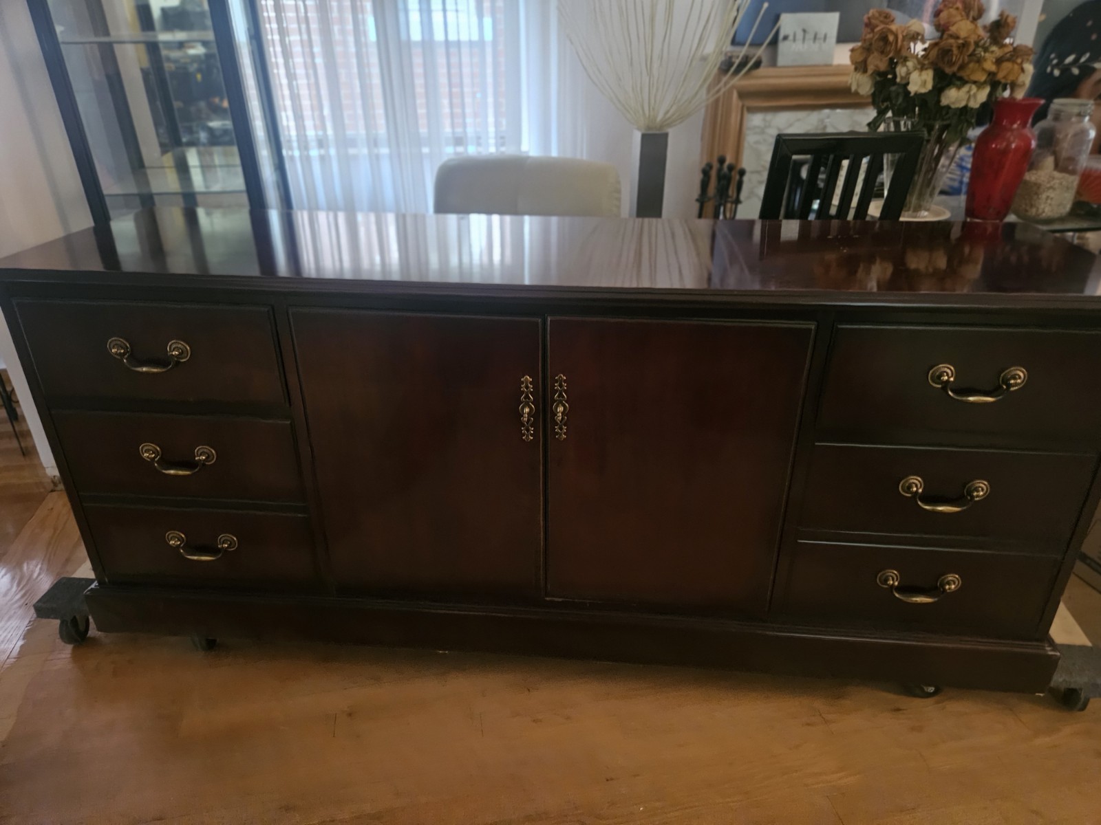 Traditional Brown Wood Buffet Sideboard 6 Drawers 2 Doors Antique Brass Handles