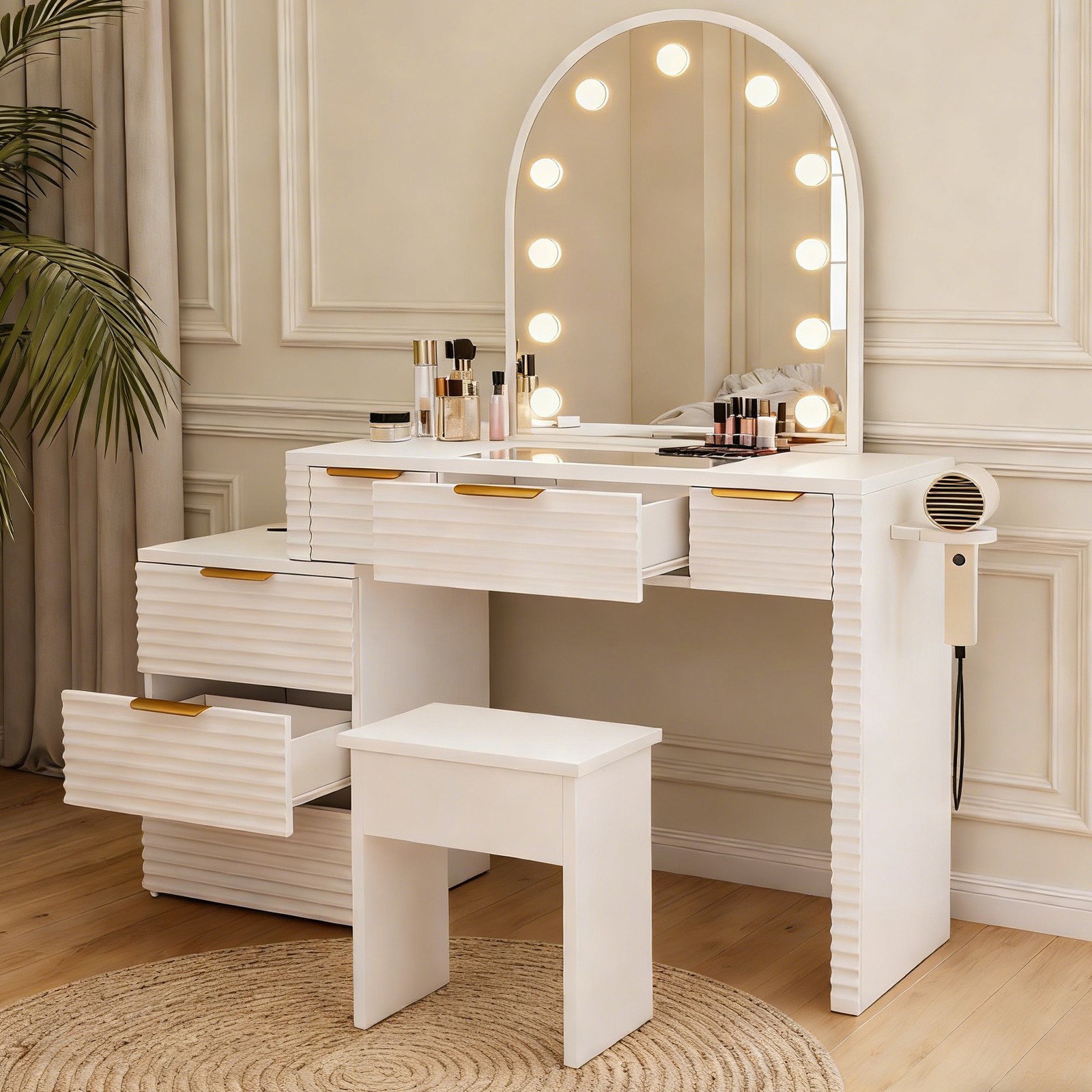 Vanity Desk Modern Makeup Station with Adjustable LED Lighting & Hair Dryer Hold