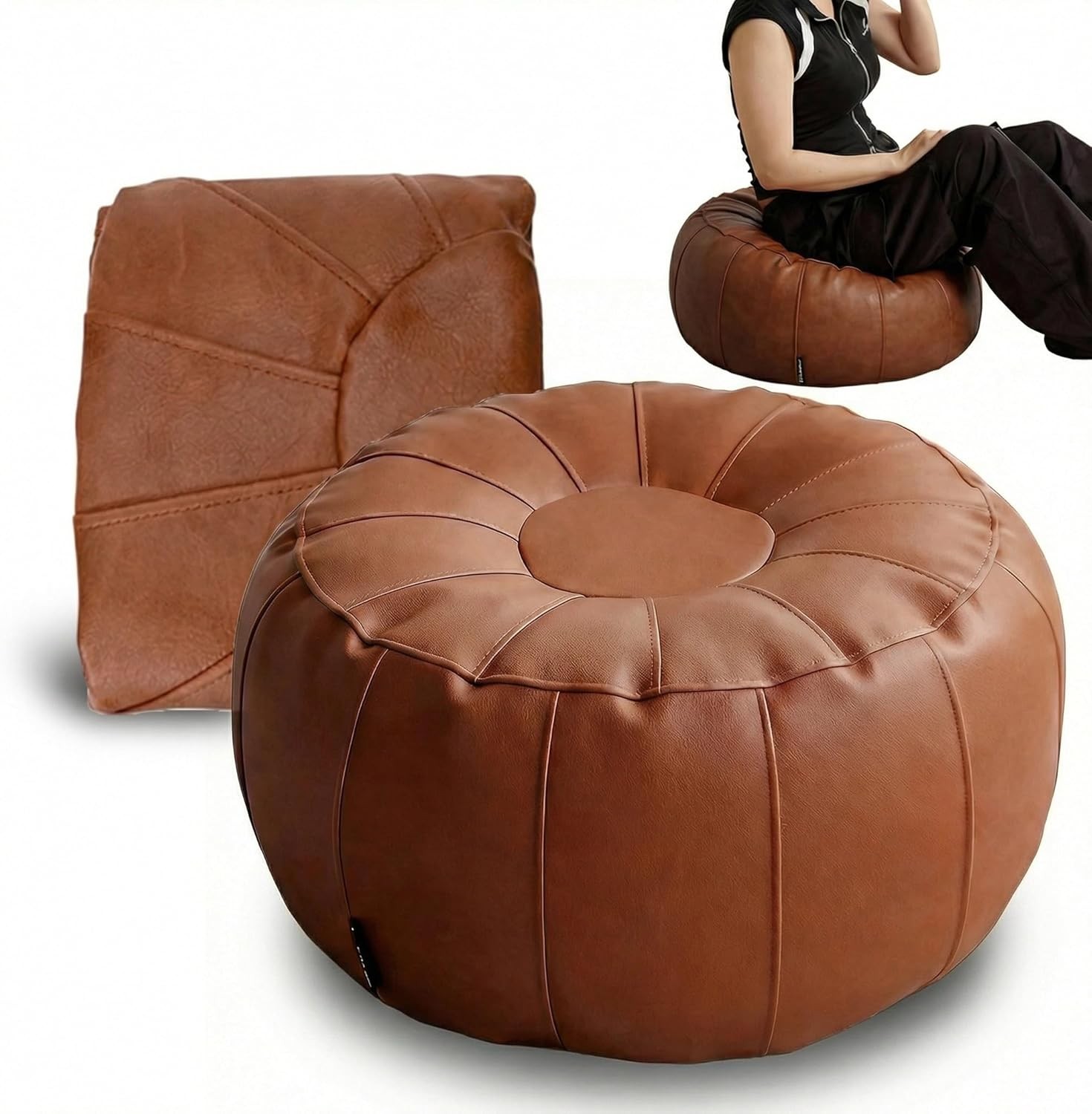 Leather Pouf – 20”Dx12”H, Wash-Tech Fabric Pouf Unstuffed Ottoman Moroccan