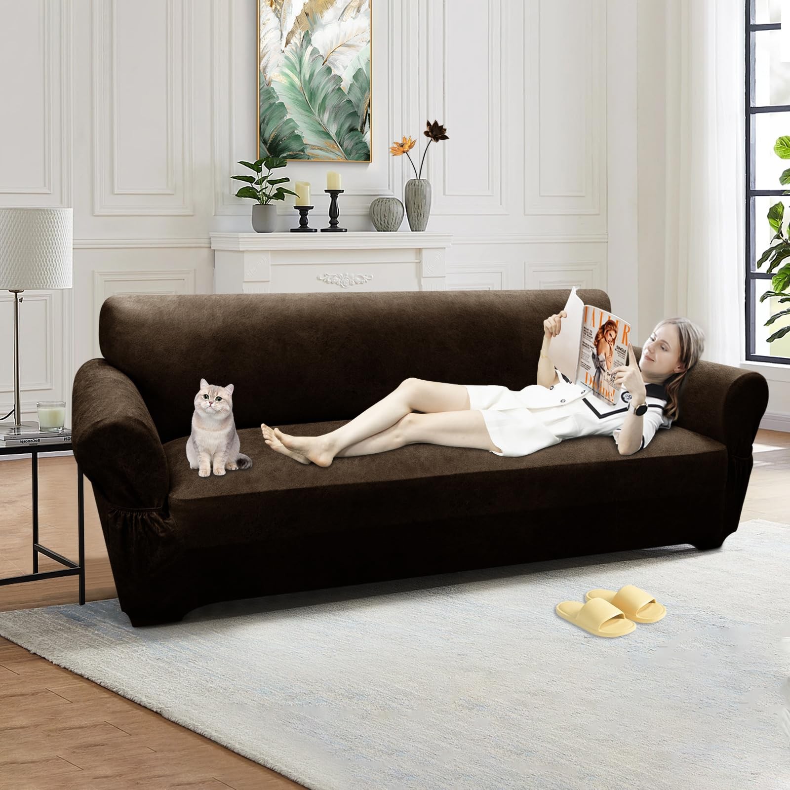 3 Seater Stretch Slipcover, Sofa Protector Leather Look, Brown
