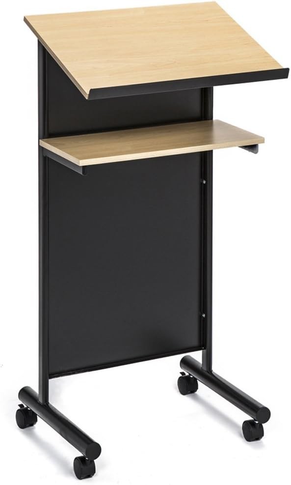 Wheeled Lectern Podium Standing Desk W/ Storage Shelf Cherry/Black Ideal
