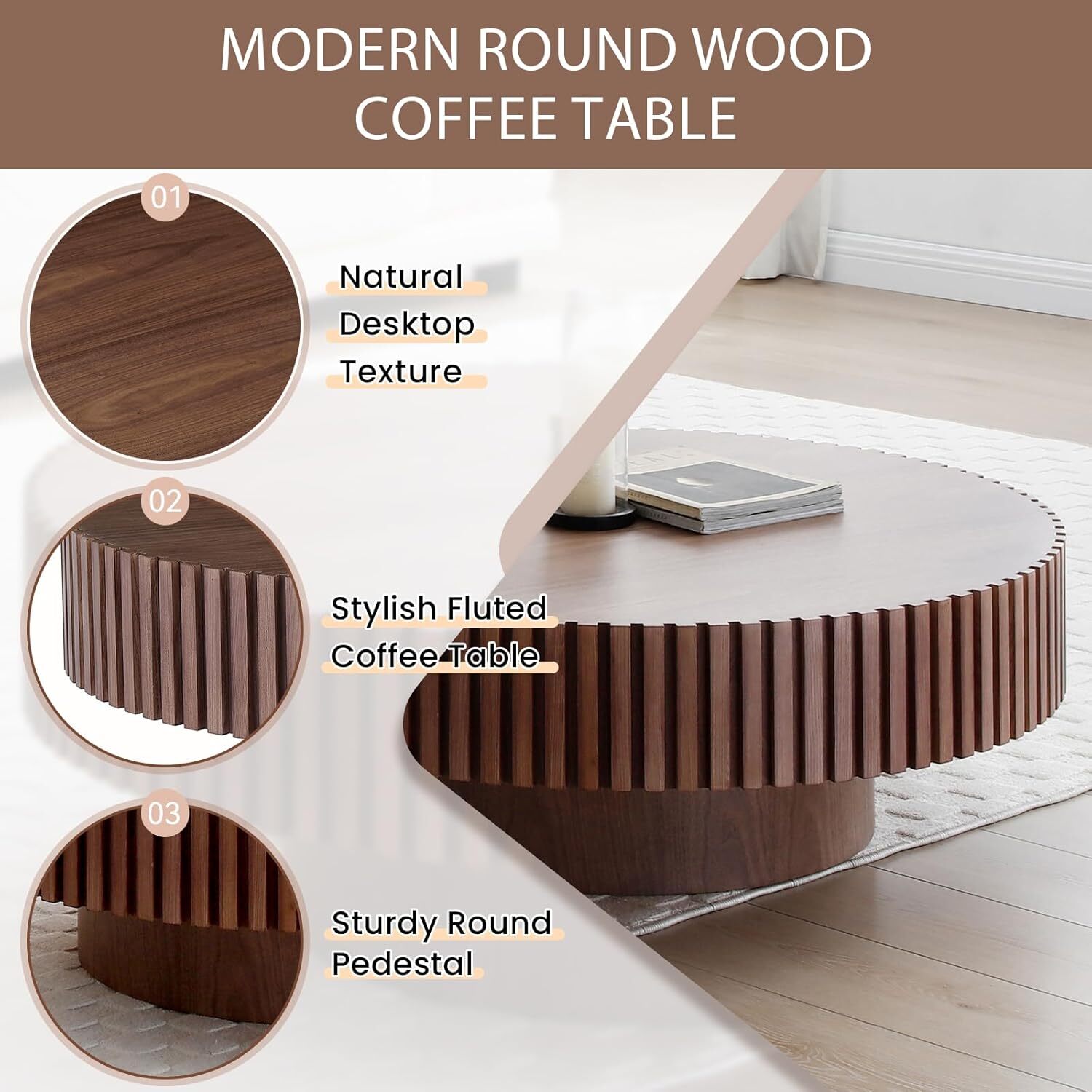 39.37″ Round Coffee Table Handcrafted Relief Sturdy Pedestal Tea Table