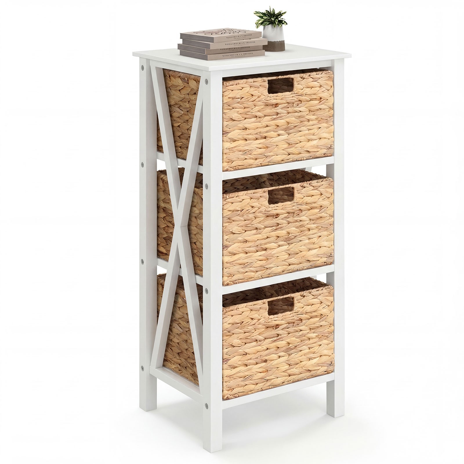 4-Tier Nightstand w/3 Seagrass Baskets, Acacia Wood Legs for Living Room Bedroom