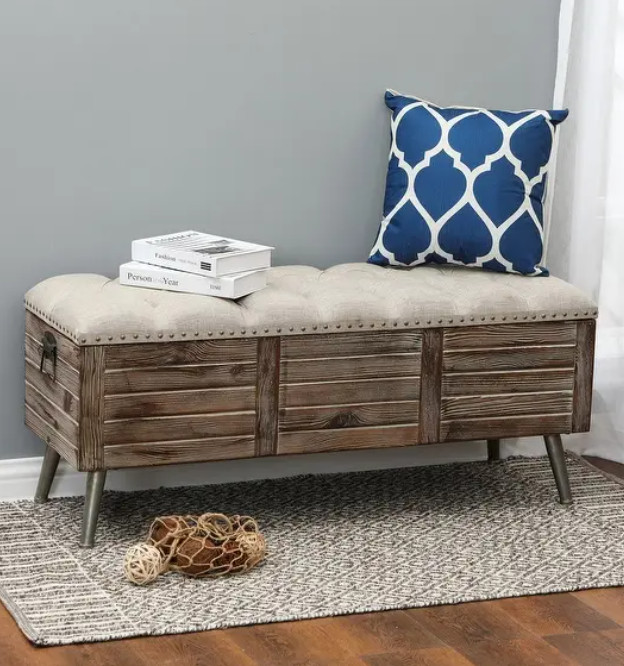 Upholstered Wood Storage Bench Beige Brown Natural Finish Rustic Country Soli