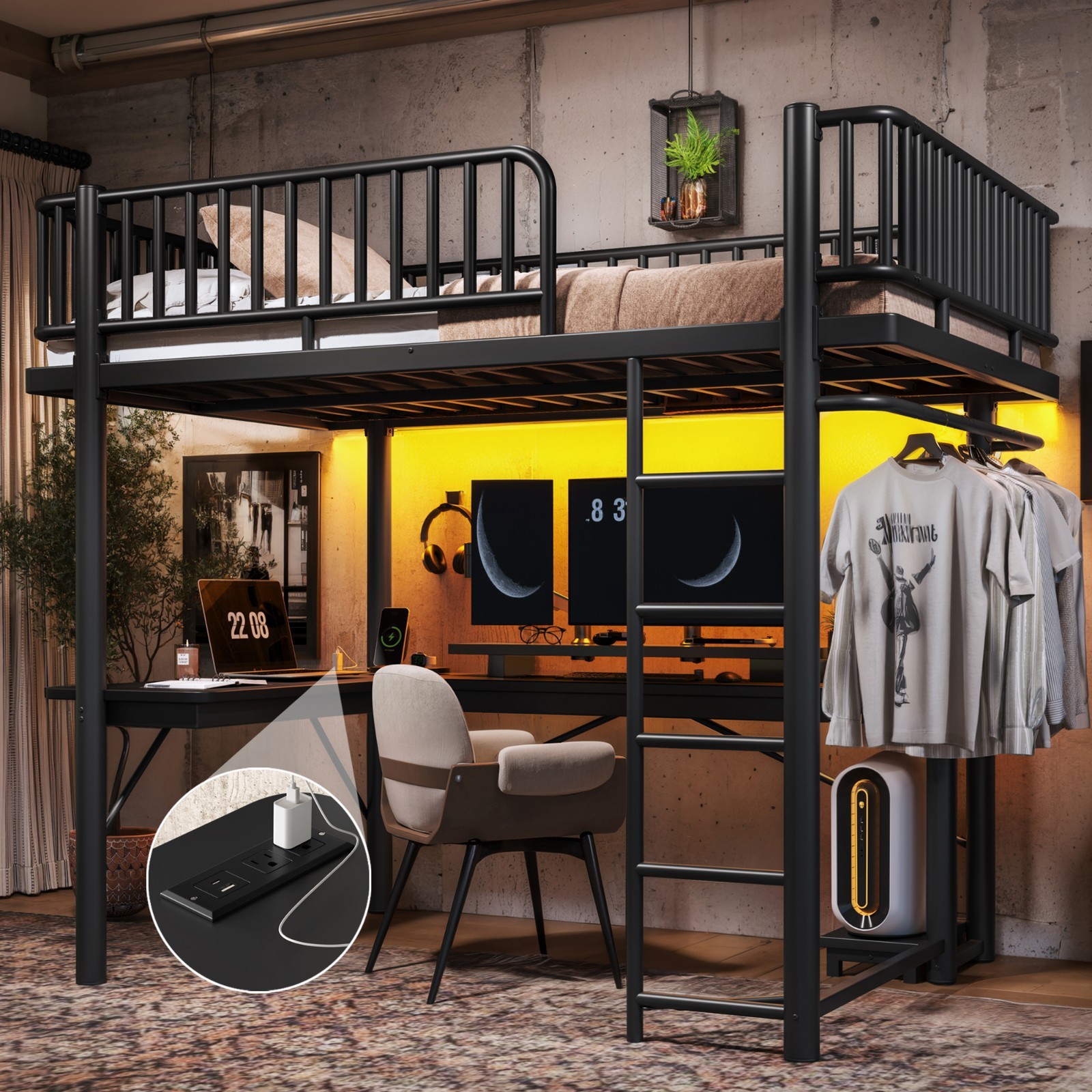 Full Metal Loft Bed with L-Shaped Desk,LED Light Strip & Computer Mainframe Tray