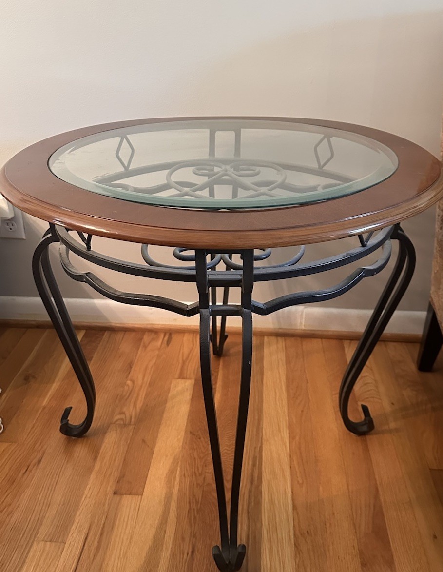 Two Round Glass Top End Tables Wood Rim/Frame Metal Base Brown/Black 28x27x24