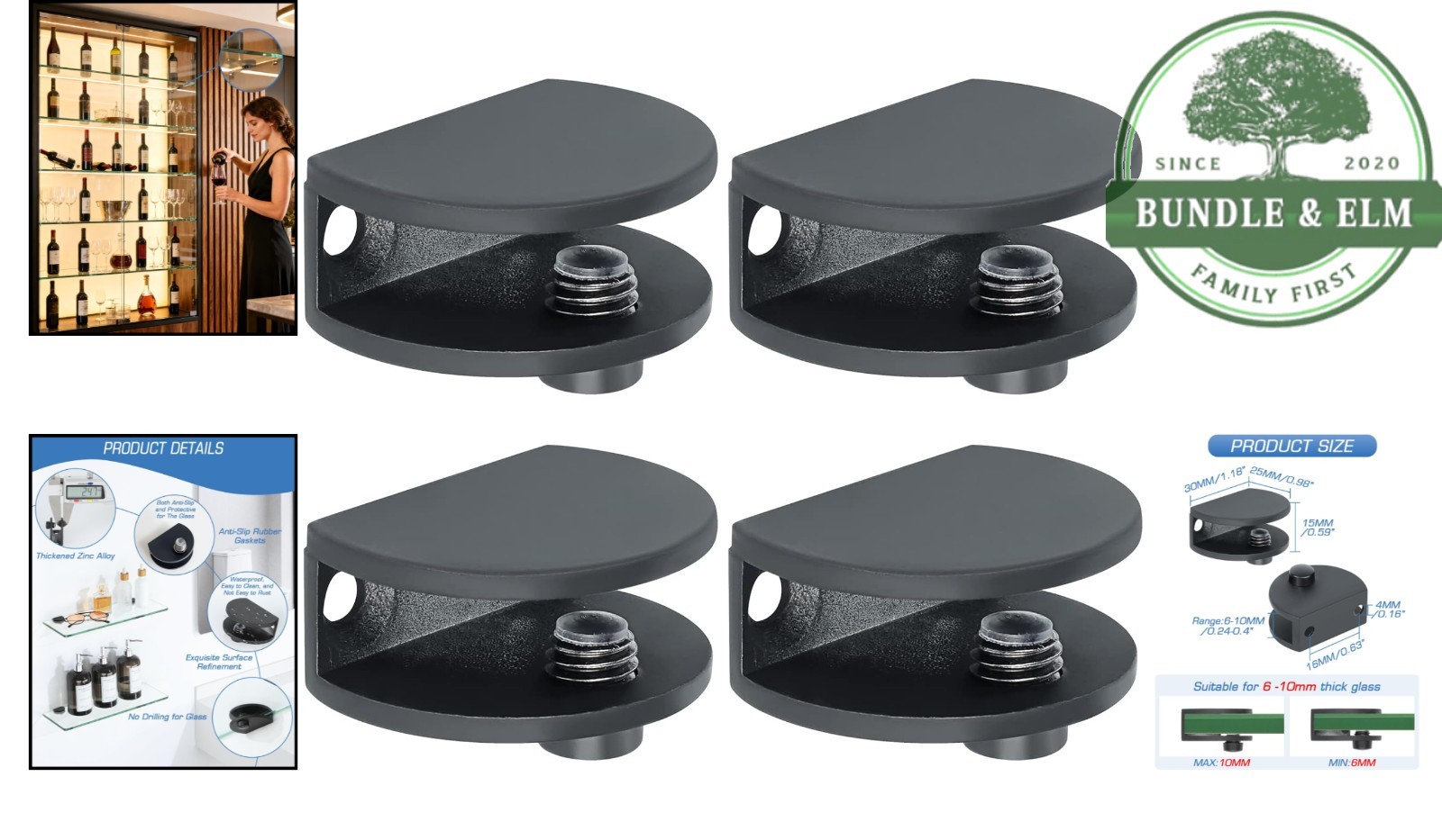 Metal Glass Shelf Bracket Set with Excellent Strength, Black Finish