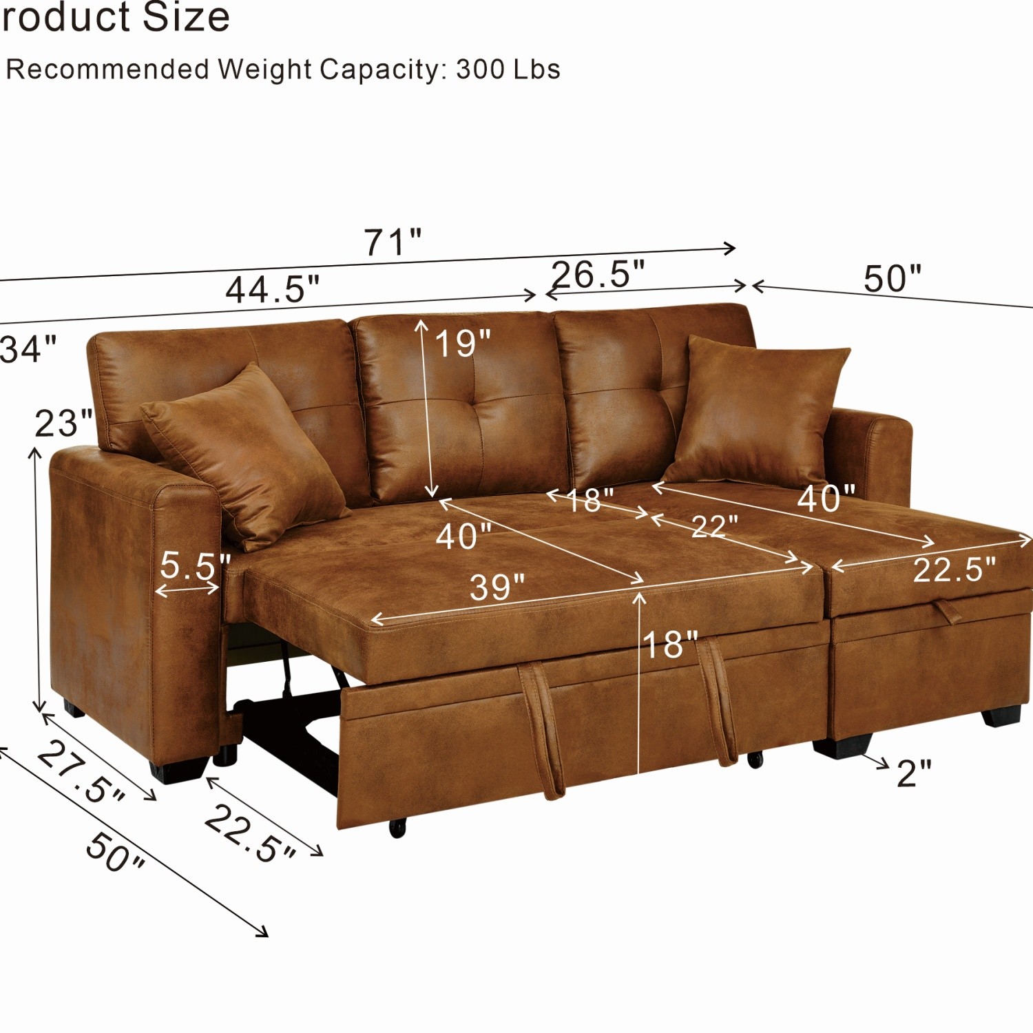 L-Shaped Sofa,Modern Sectional Sleeper Storage Pull Out Bed Reversible Chaise