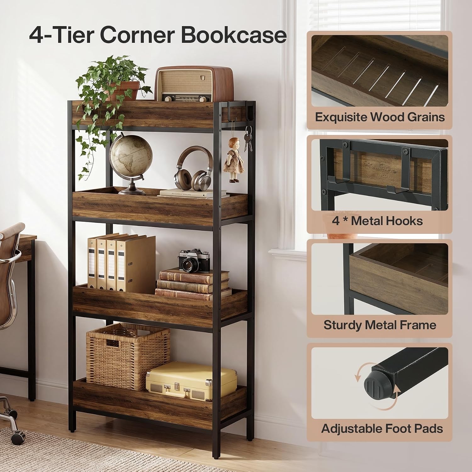 4 Tier Industrial Bookshelf, 55″ Tall Free-Standing Wooden Bookcase with 4 Hooks