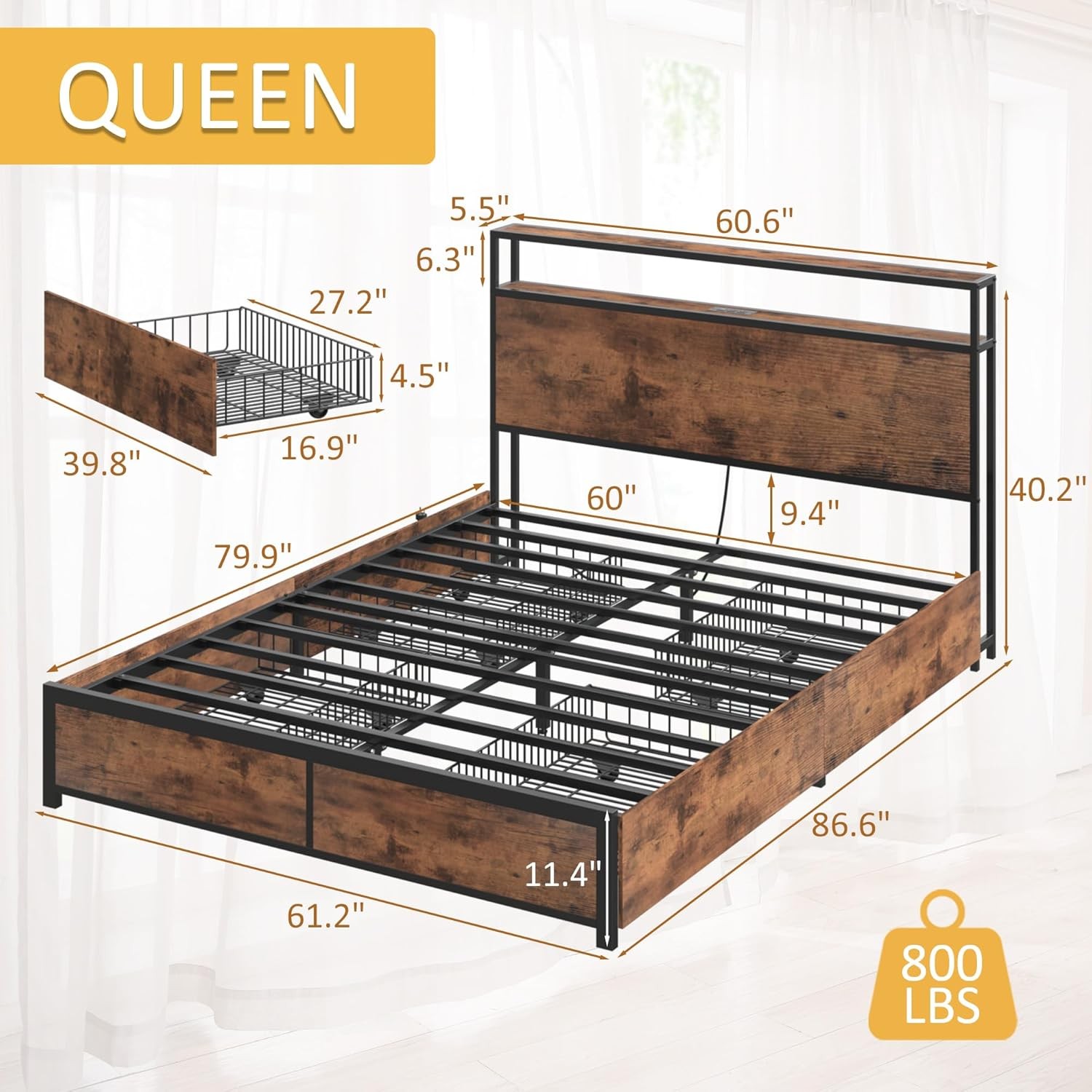 Queen Bed Frame with LED Storage Headboard 4 Drawers Charging Station Metal