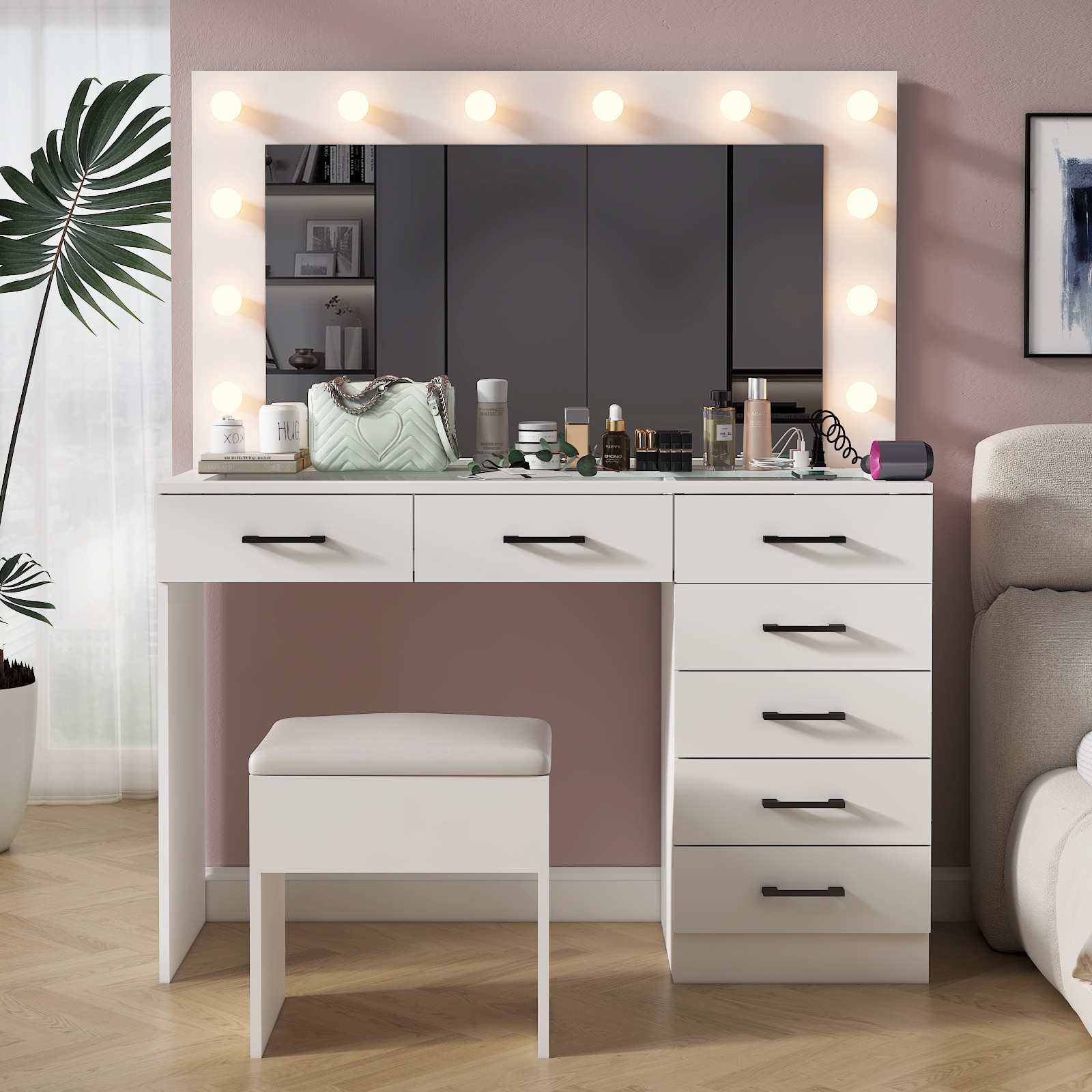 Large Vanity Set Makeup Desk Dressing Dresser Table 7 Drawer with 12 LED Lights