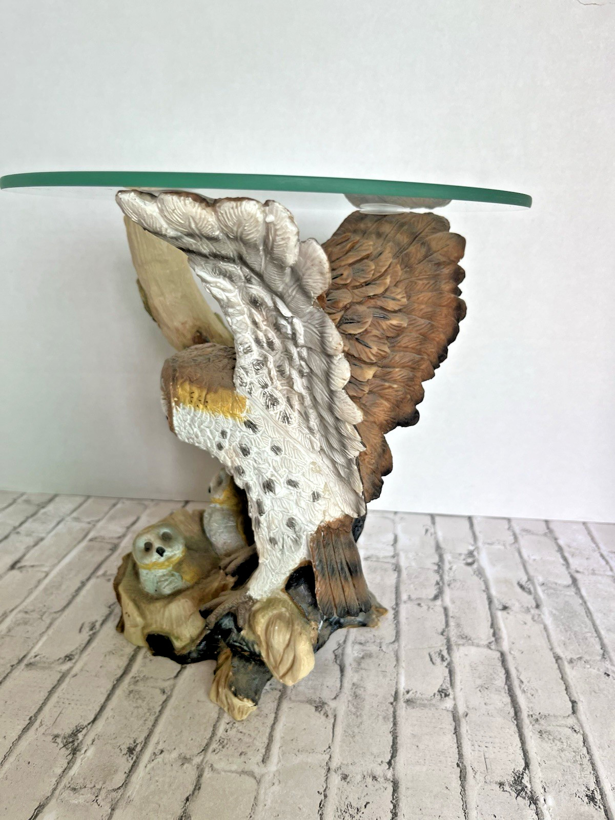 Vintage Resin Owl & Fledglings End Side Table Clear Round Glass Top Nature Decor
