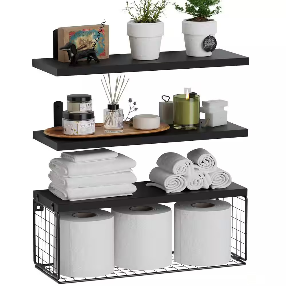 16.5 In. W X 6 In. D Black Wood Floating Bathroom Shelves Wall Mounted with Wire