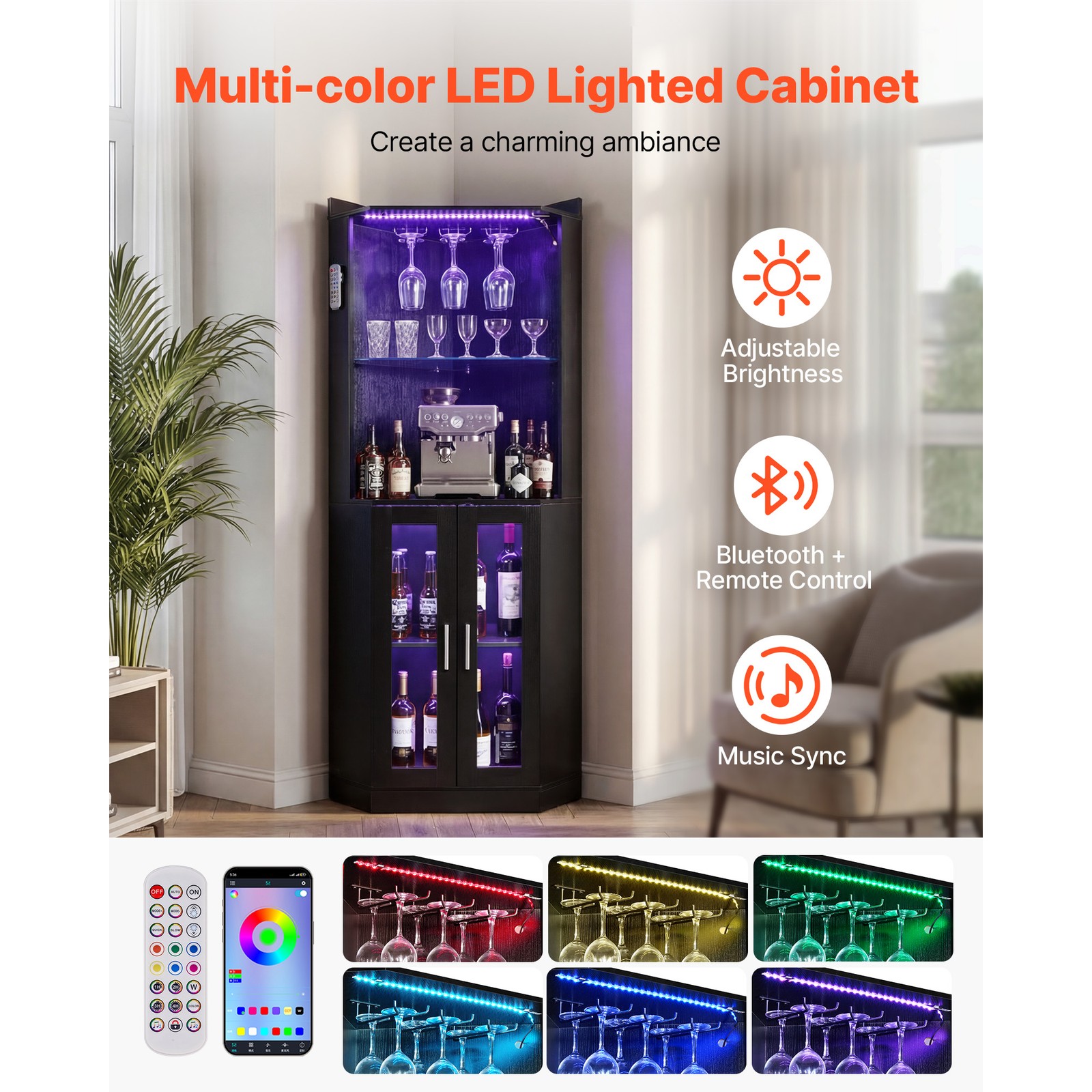 Uimoso Corner Wine Bar Cabinet with Glass Rack and Adjustable Lighting for Home