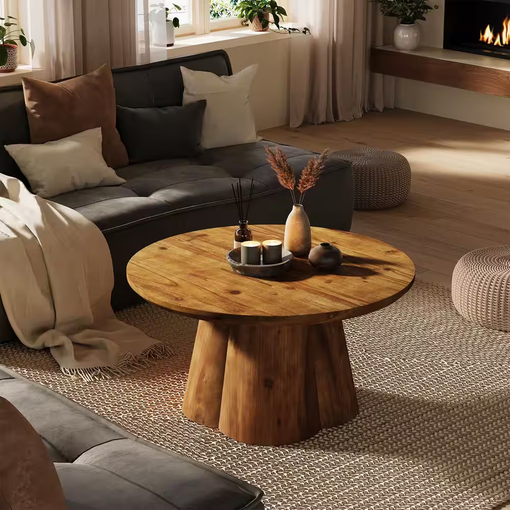 Allan 31.5 In. Brown round Solid Wood Coffee Table with Robust Base, Farmhouse C