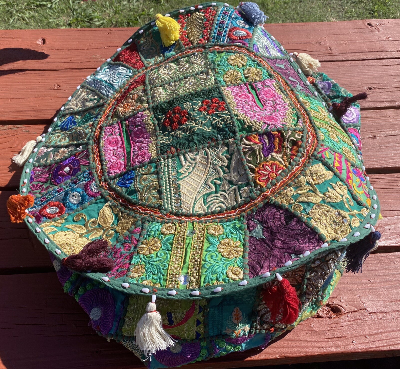 Boho Bohemian Moroccan Handmade Fringe Footstool Cover Green Patchwork NEW