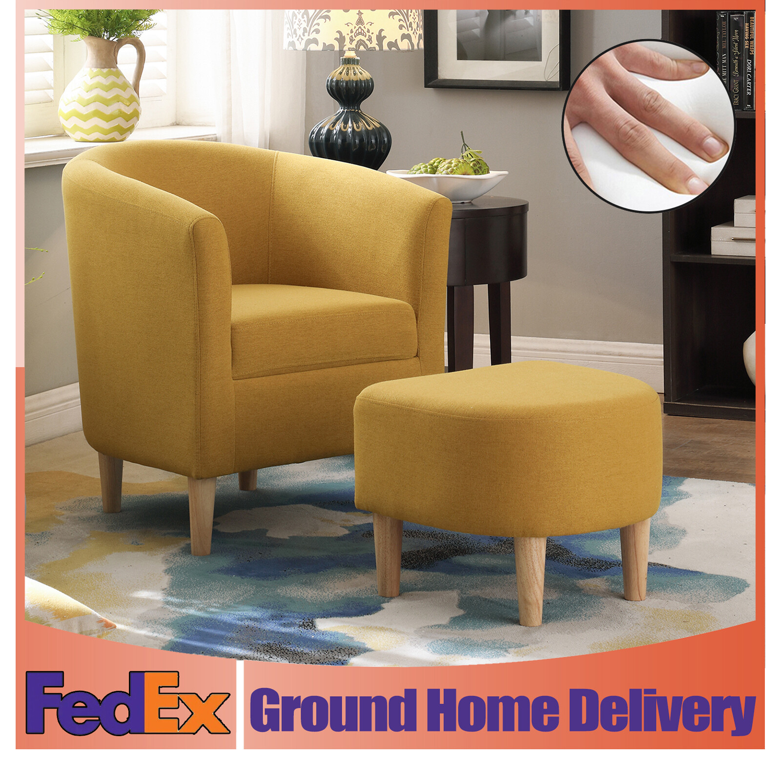 Accent Single Sofa Linen Fabric Soft Touch Leisure W/ Ottoman Hotel Armchair