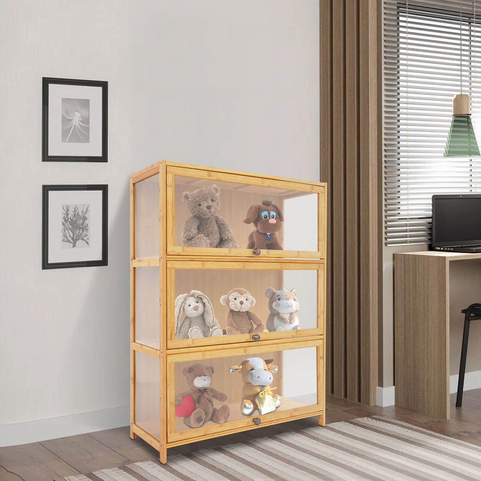 3 Tiers Mode Toys Storage Cabinet Shelf 31.5*12.6*41.7in Log Color Display Case