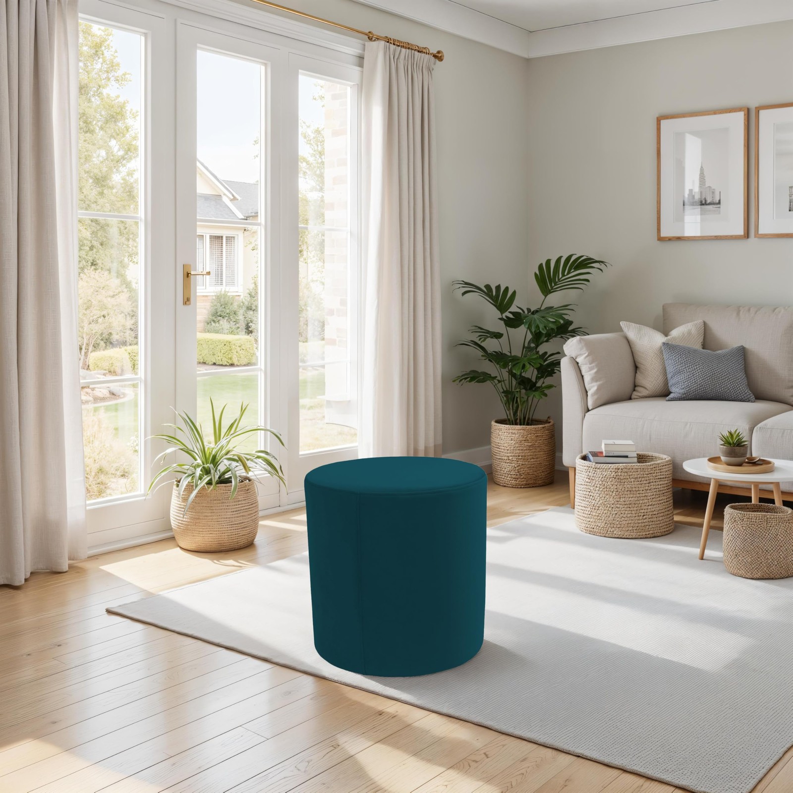 FDP Everyday 18 inch Round Ottoman Microfiber Upholstered Accent Stool for Mo…