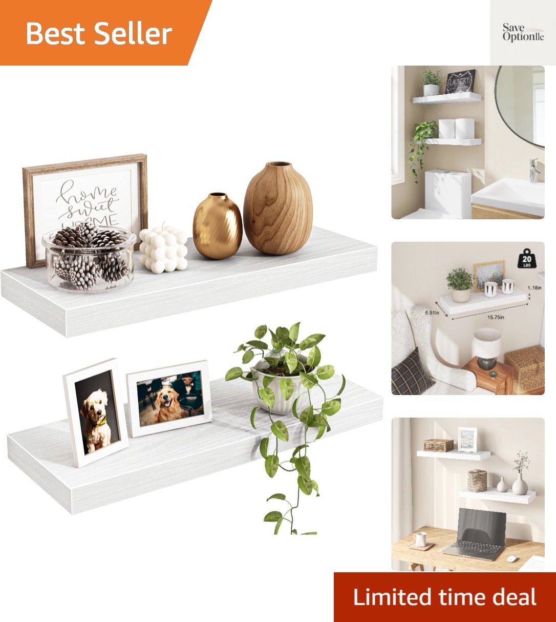 Floating Shelves for Wall Decor White, Set of 2, 15.7 Inch | MDF Shelves with…