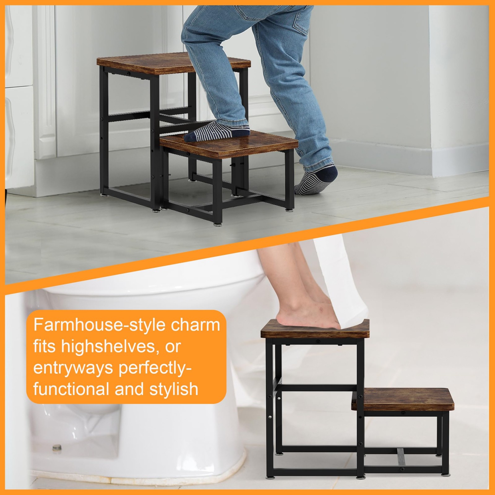 Kids Wooden 2 Step Stool Heavy Duty Tall Toddler Stepping Toilet Bed 450 Lbs