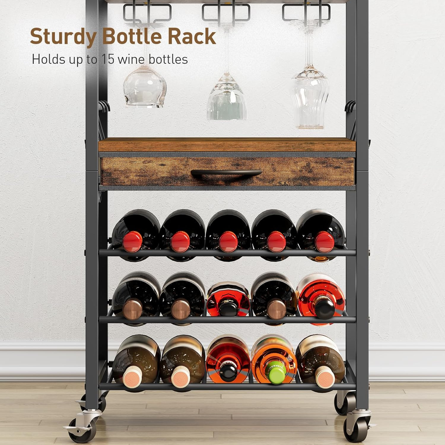 3-Tier Bar Cart with Drawer, Home Bar Serving Cart with Glass Holder and Handle,