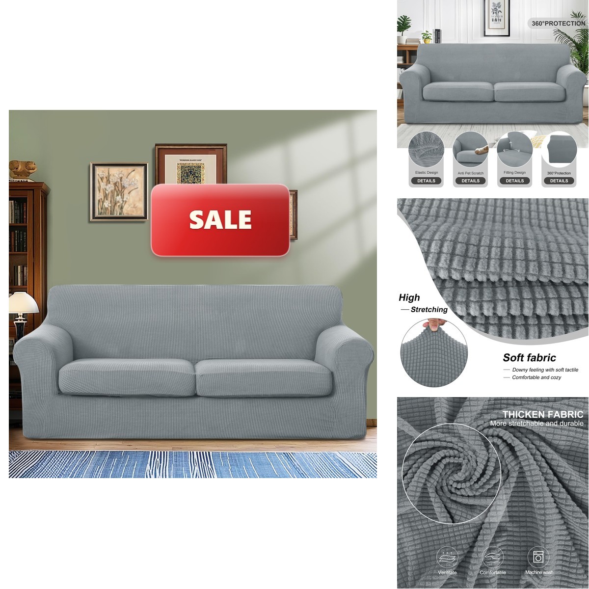 Luxshare Home 3 Pieces Stretch Couch Cover 2 Cushion, Sofa, Light Grey CSC-LF