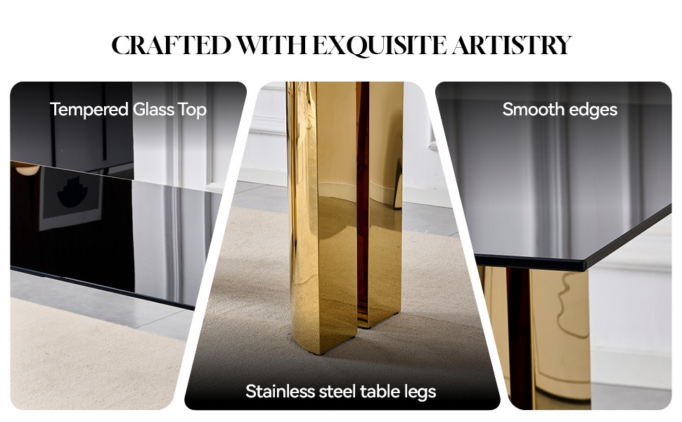 70″ Rectangular Dining Table Black Tempered Glass Gold Stainless Steel Legs