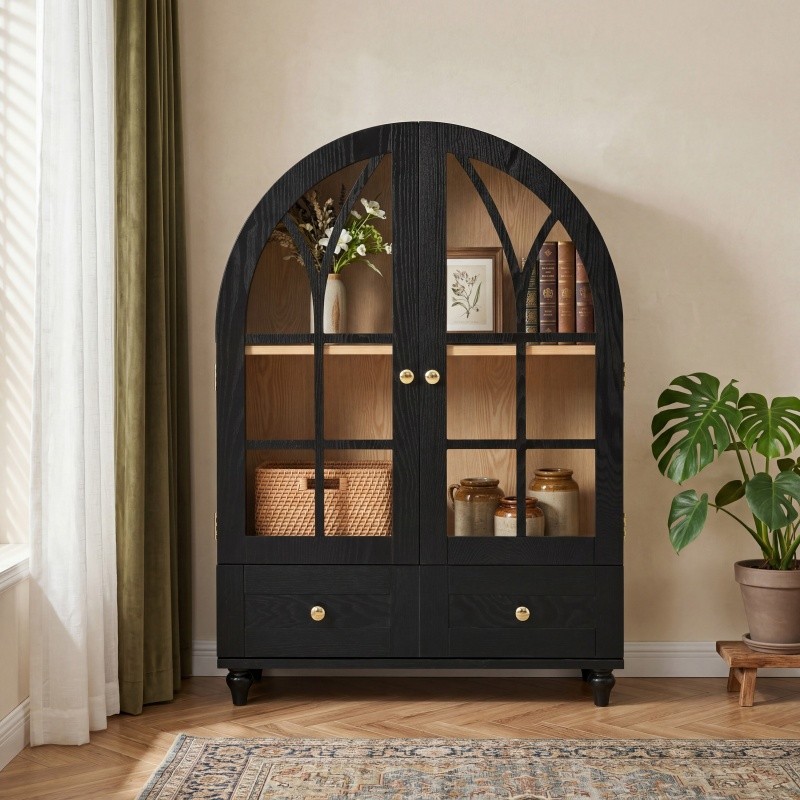 Arched Display Cabinet with Tempered Glass Doors, Wood Storage Cabinet w/Drawers