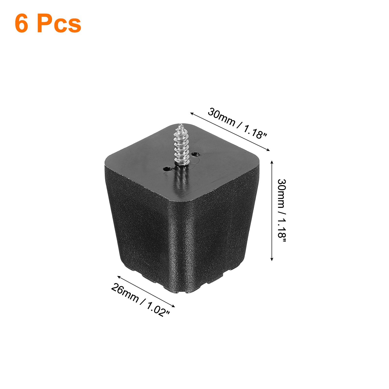 6 Pcs 1.18×1.18 Inch Square Rubber Furniture Feet with Screws, Washer, Black