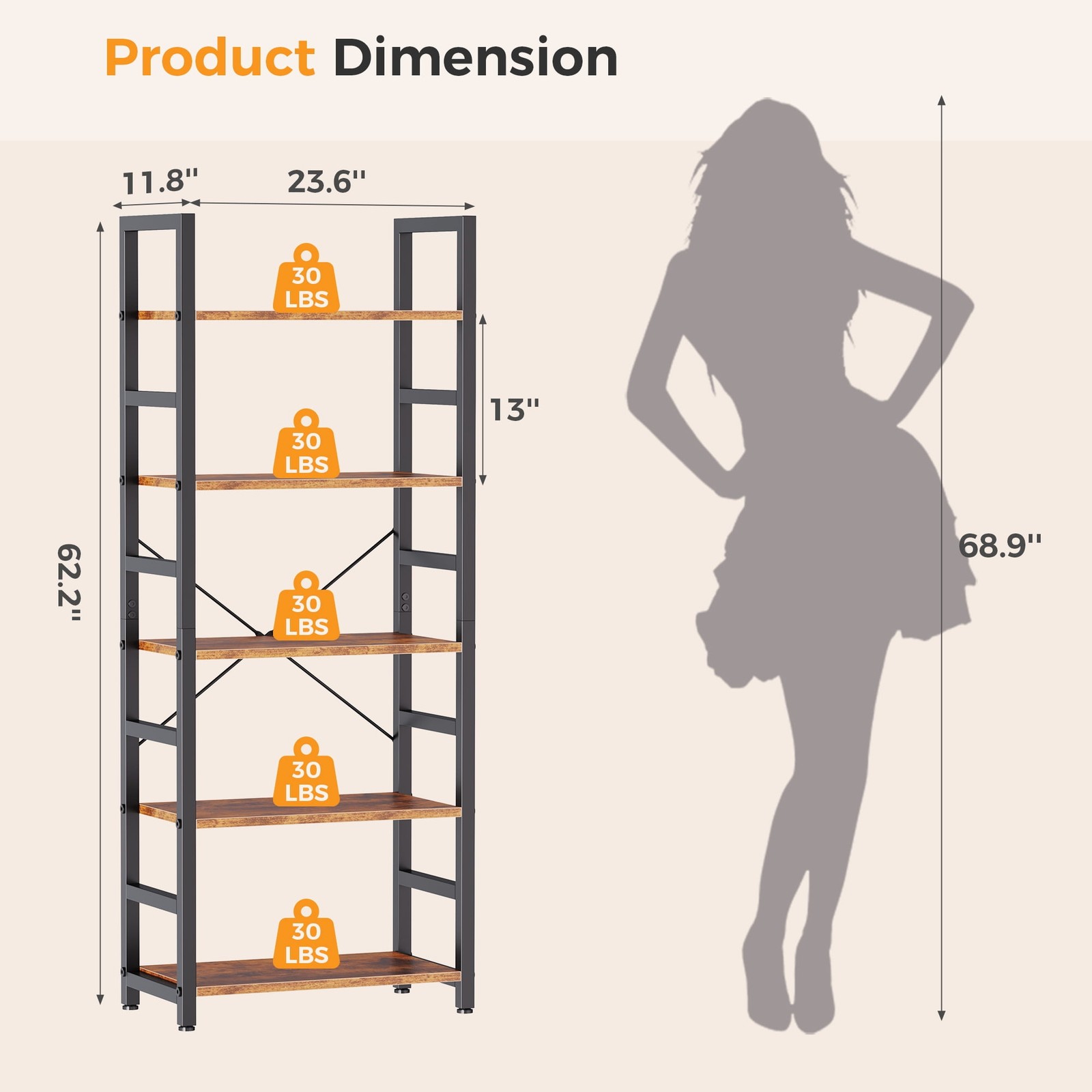 CONCETTA 5 Tier Bookshelf, Modern Bookcase Storage Organizer for Home Office