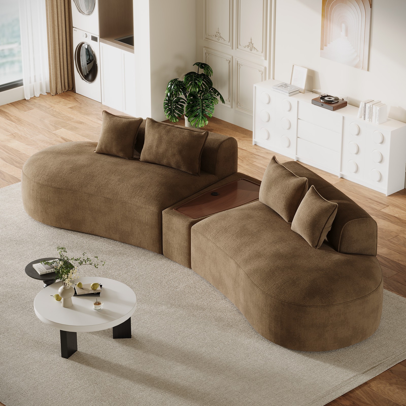 153″ Chenille Curved Sectional Sofa Couch Center Table Living Room No Slip Pads