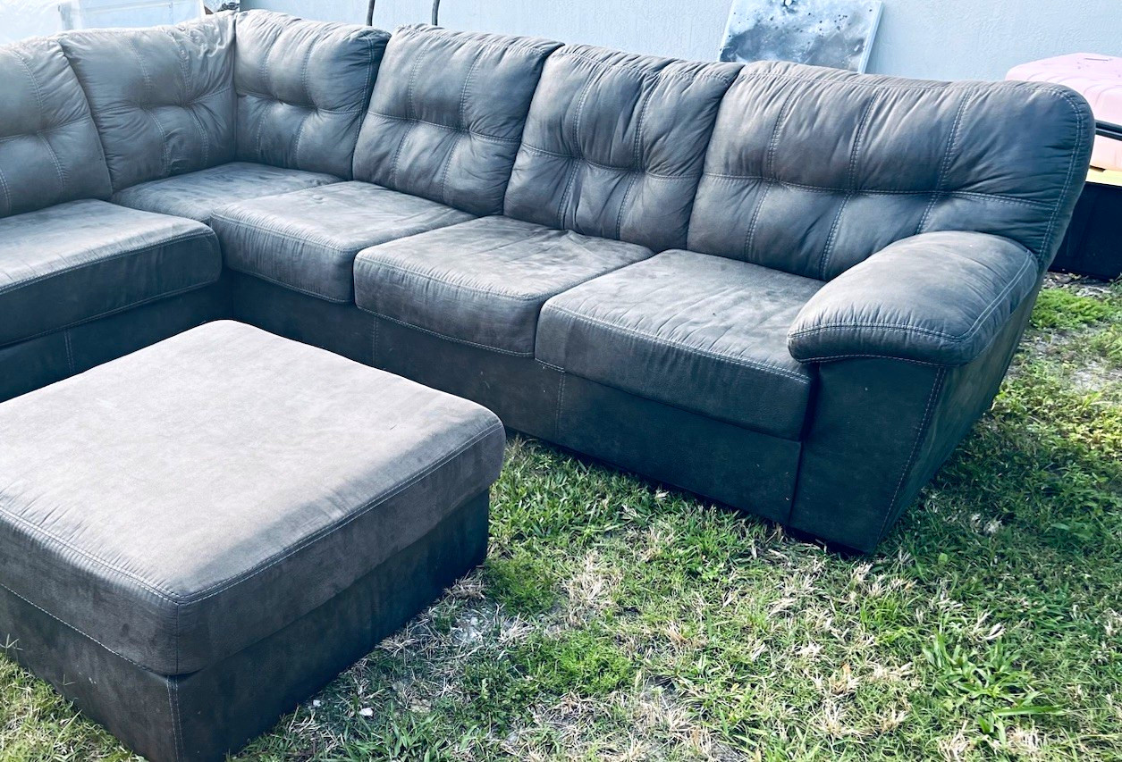 Gray Fabric Sectional Sofa 2-Piece w/ Ottoman, Cushions, Pillow Top Arms