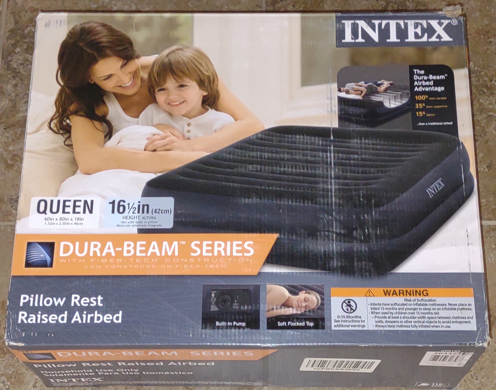 Intex Dura-Beam Series Raised Airbed with Built-In Pump, Queen, Bed Height 16.5″