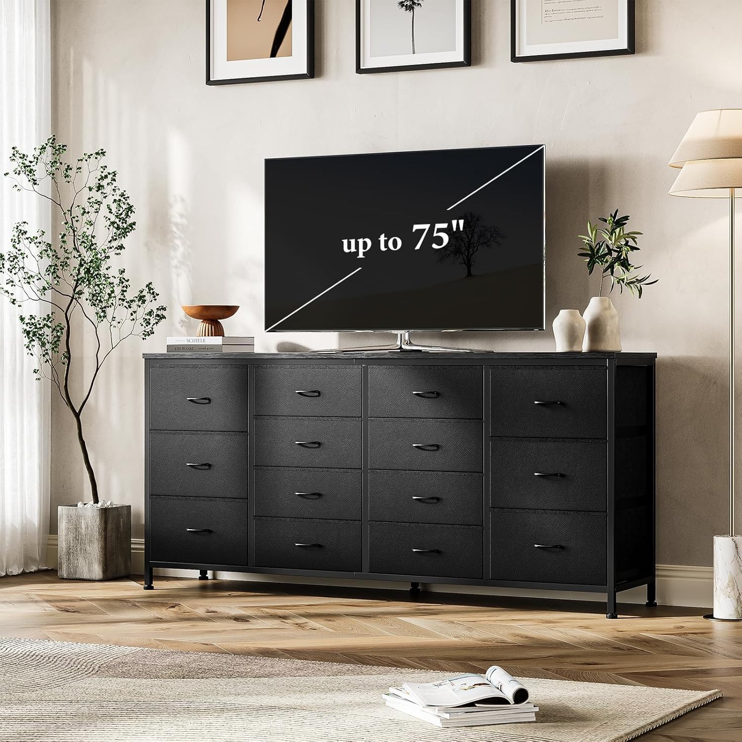63″ W Black Fabric Dresser TV Stand for 65 70 75 Inch TV 14 Drawer for Bedroom