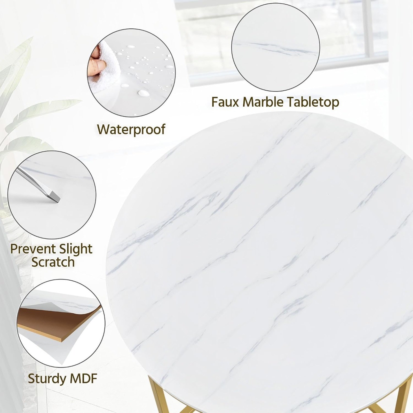 Marble round side table with gold metal frame, compact for bedroom & living room