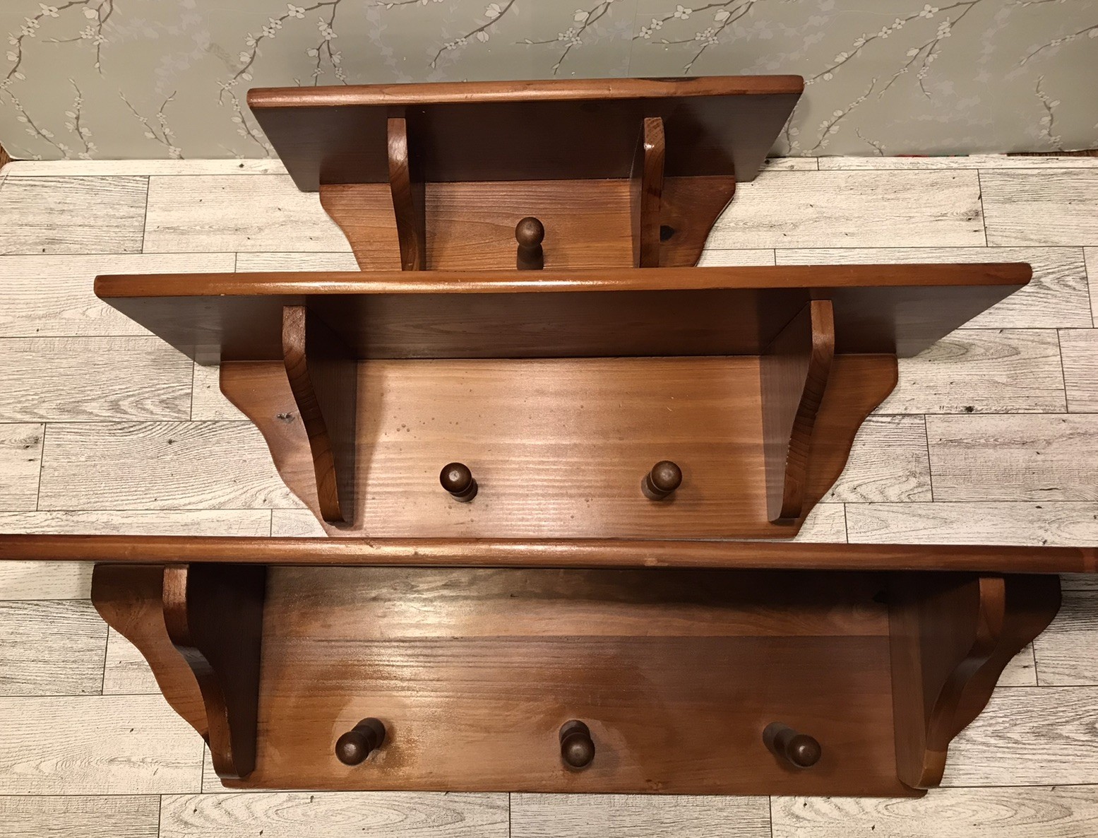 3 Vintage Solid Wood Wall Shelves Farmhouse W/Pegs LOT
