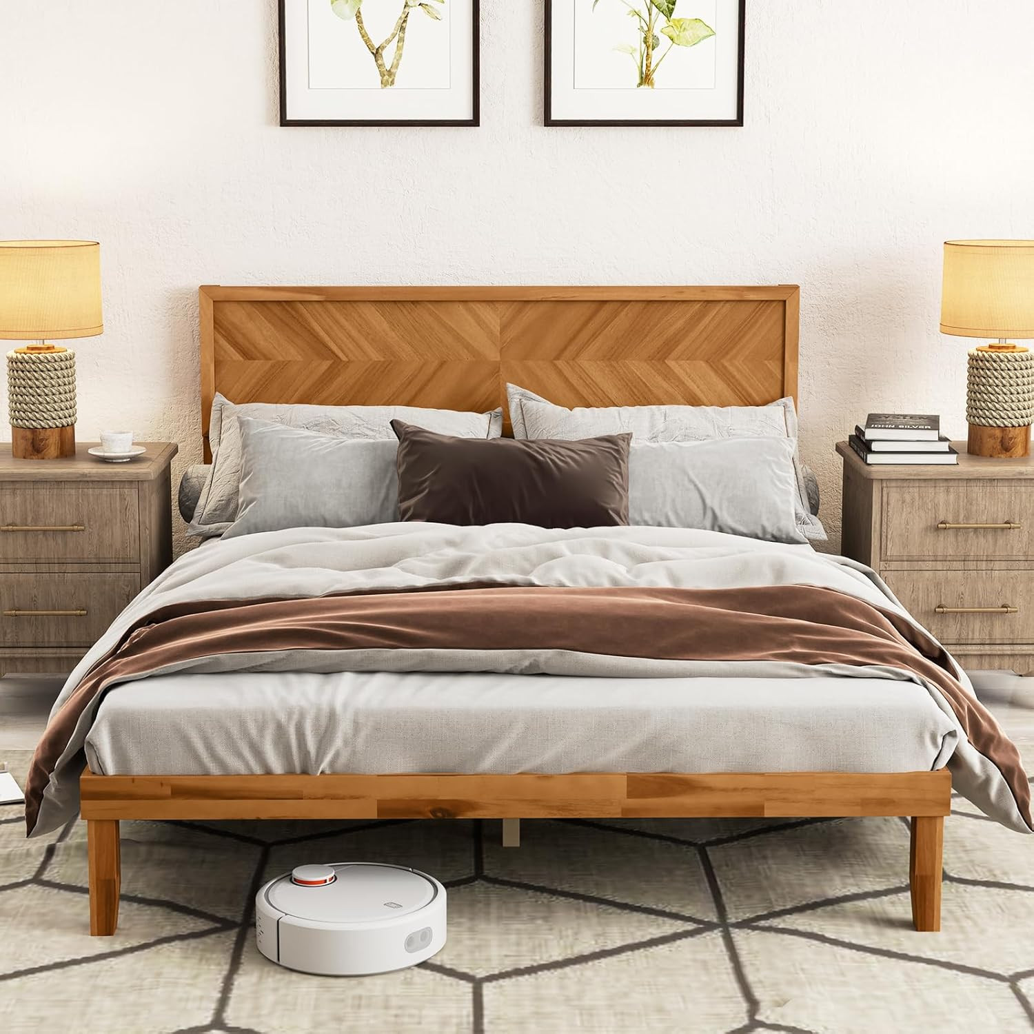 Queen Solid Wood Bed Frame with Stylish Headboard – Durable & Elegant