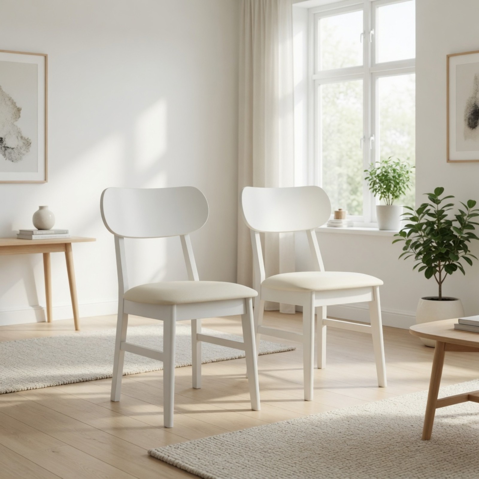 White Modern Dining Chairs Set of 2, 22″W, Rubberwood Legs, 350lbs