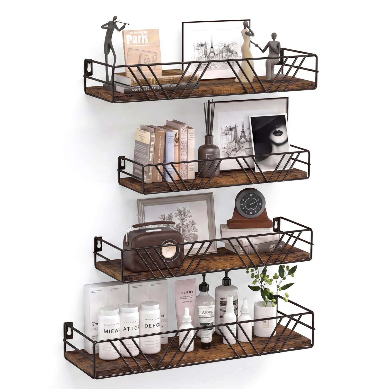 Rustic Floating Wall Shelves Set of 4 with Metal Frame | Hanging Storage for Hom