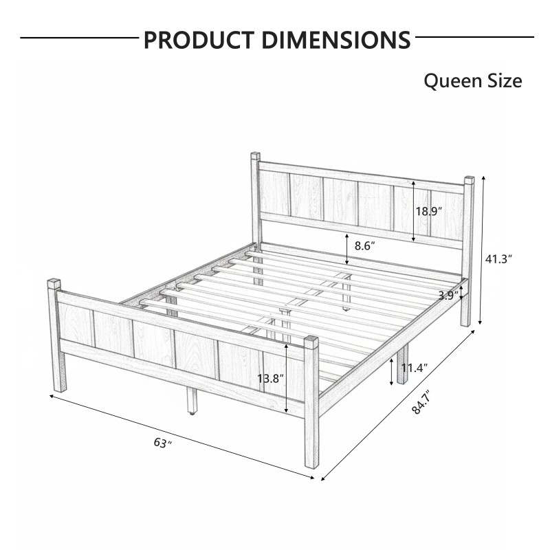 Queen Size Flat Panel Bed w/Headboard Farmhouse Platform Bed Frame Dark Walnut