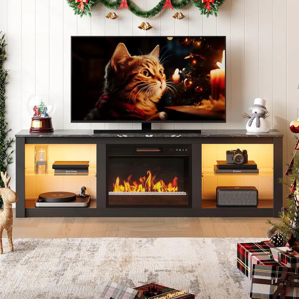 70.8 In. Black TV Stand with Fireplace Fits Tvs up to 75 In. LED Entertainment C
