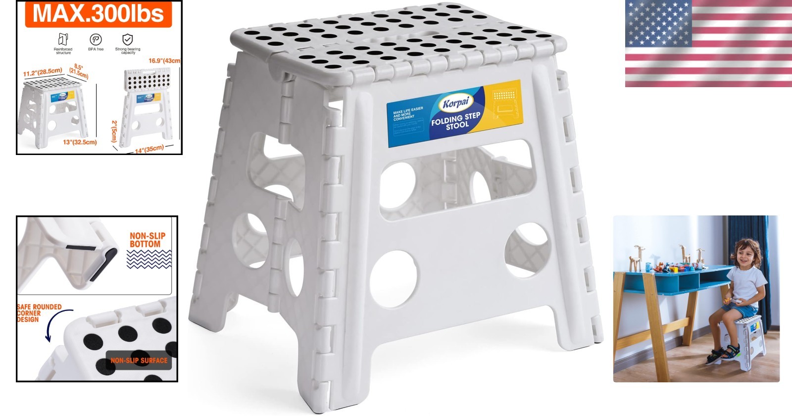 Space-Saving 13″ Folding Step Stool – Perfect for Kids & Adults 300 lb Capacity