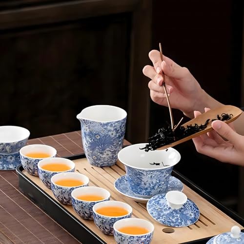 14-Piece Portable Gongfu Set—Yangzhi Jade Porcelain Gaiwan Kit—Dark Blue