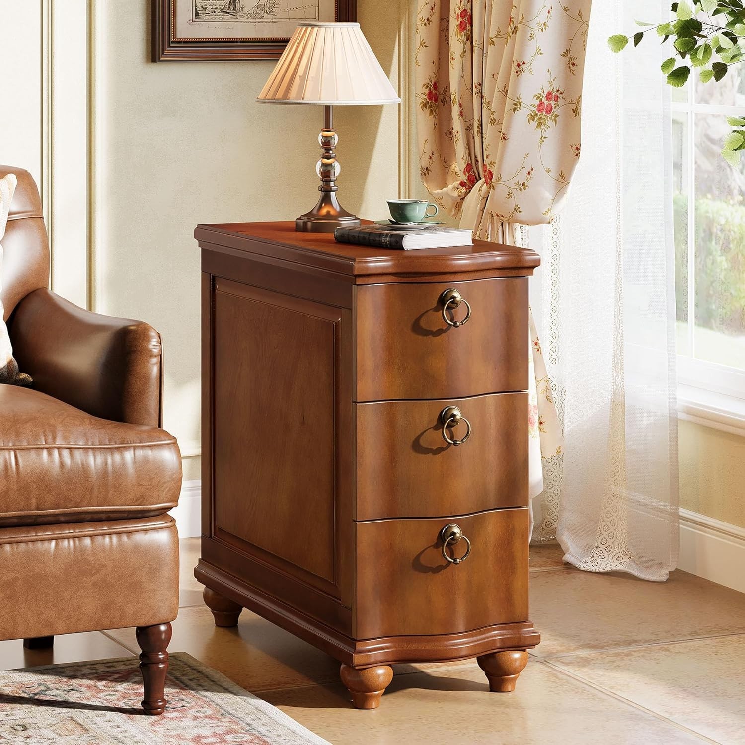 Wood Fully Assembled End Table, 3-Drawers Narrow Slim Side Table for Living Room