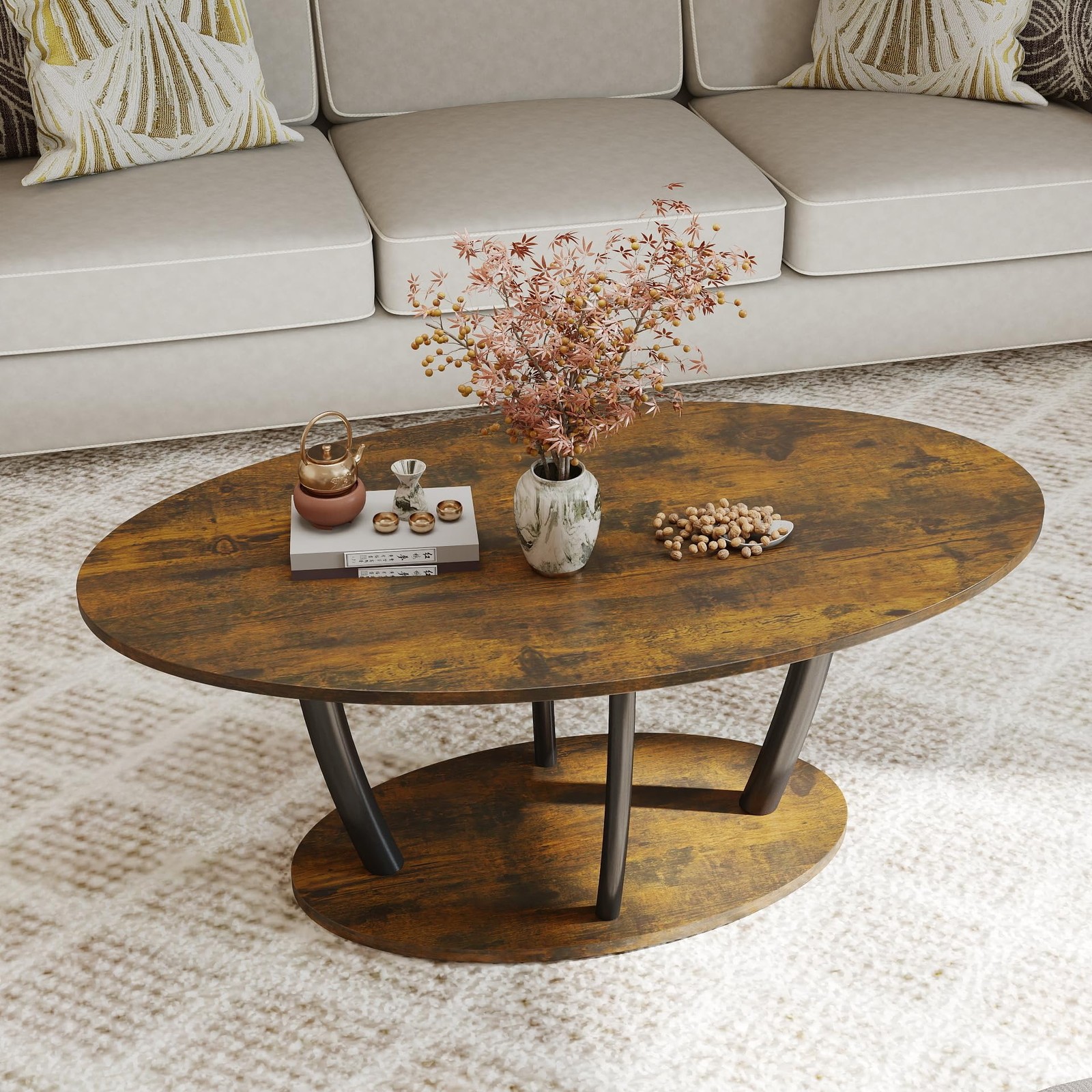 Manora Rustic Small Oval Coffee Table 21.65″ X 39.37″ X 16.93″, Dark Brown