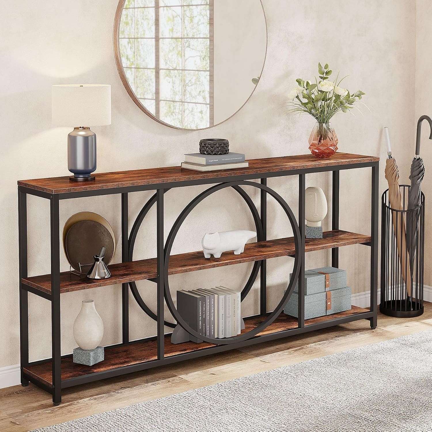 70.9″ Console Table, Narrow Sofa Table with 3 Tier Storage Shelves
