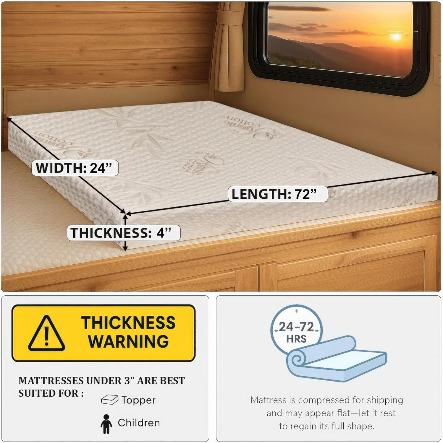 4” X 24” X 72” Truck, Camper, RV Travel Visco Gel Memory Foam Bunk Mattress