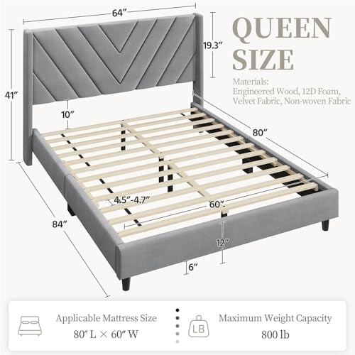 YAHEETECH UPHOLSTERED PLATFORM BED FRAME WOODEN SLAT SUPPORT QUEEN – LIGHT GRAY